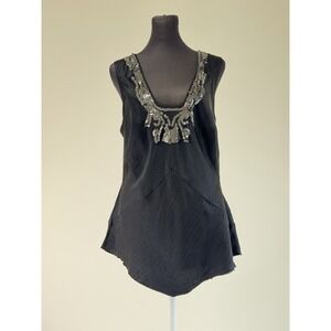 Vtg YaYa Aflalo Y2K Black Silk Sequin Open Back Asymmetrical Boho Tank Top
